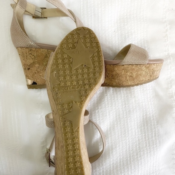 JIMMY CHOO PORTIA 120 GLITTERED METALLIC LEATHER CRISS CROSS STRAP WEDGE SANDALS - Picture 8 of 8